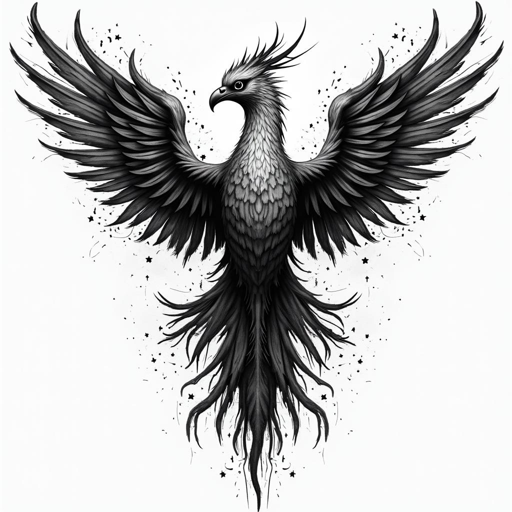 Caduceus with phoenixin graffiti style tattoo, featuring bold and dynamic street art elements, spray-paint texture with exaggerated lines and expressive, chaotic brushstrokes, intricate lettering incorporated with graffiti tags, symbols like hearts, stars, and wings - Variation 3