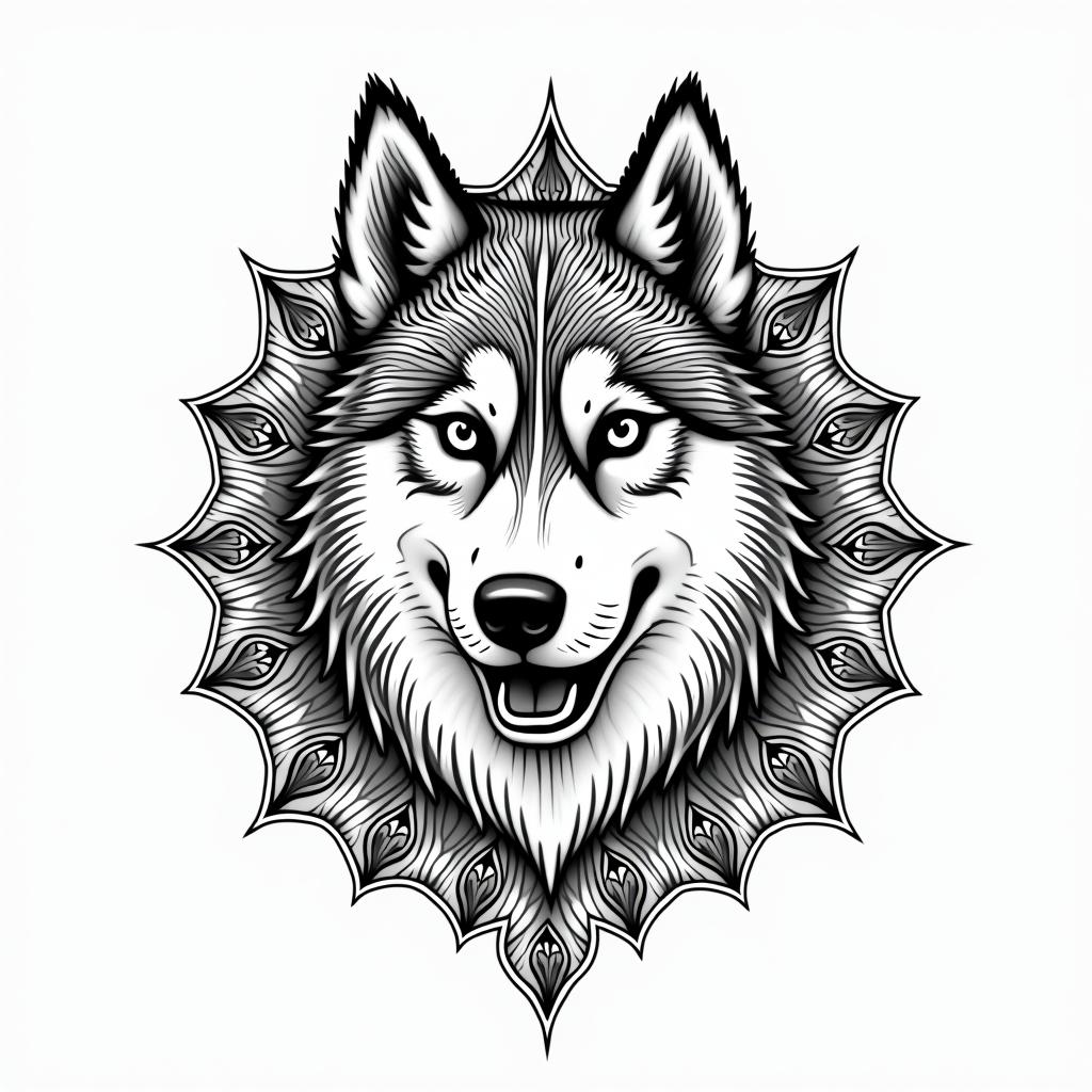 A husky dogin dotwork style tattoo, complex mandala patterns, interlocking geometric shapes with sharp symmetry, clean lines, sharp angles - Variation 4