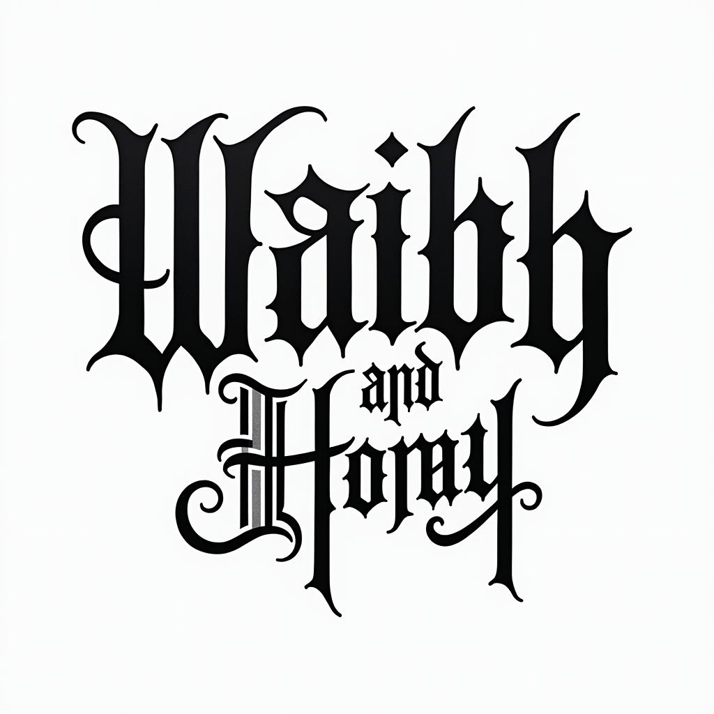 Two names Wahab & Honey joining togethertext-based tattoo, gothic font ultra-realistic, perfectly placed, high-quality font design, photo-realistic shading, 8k, high quality, finely detailed typography - Variation 2