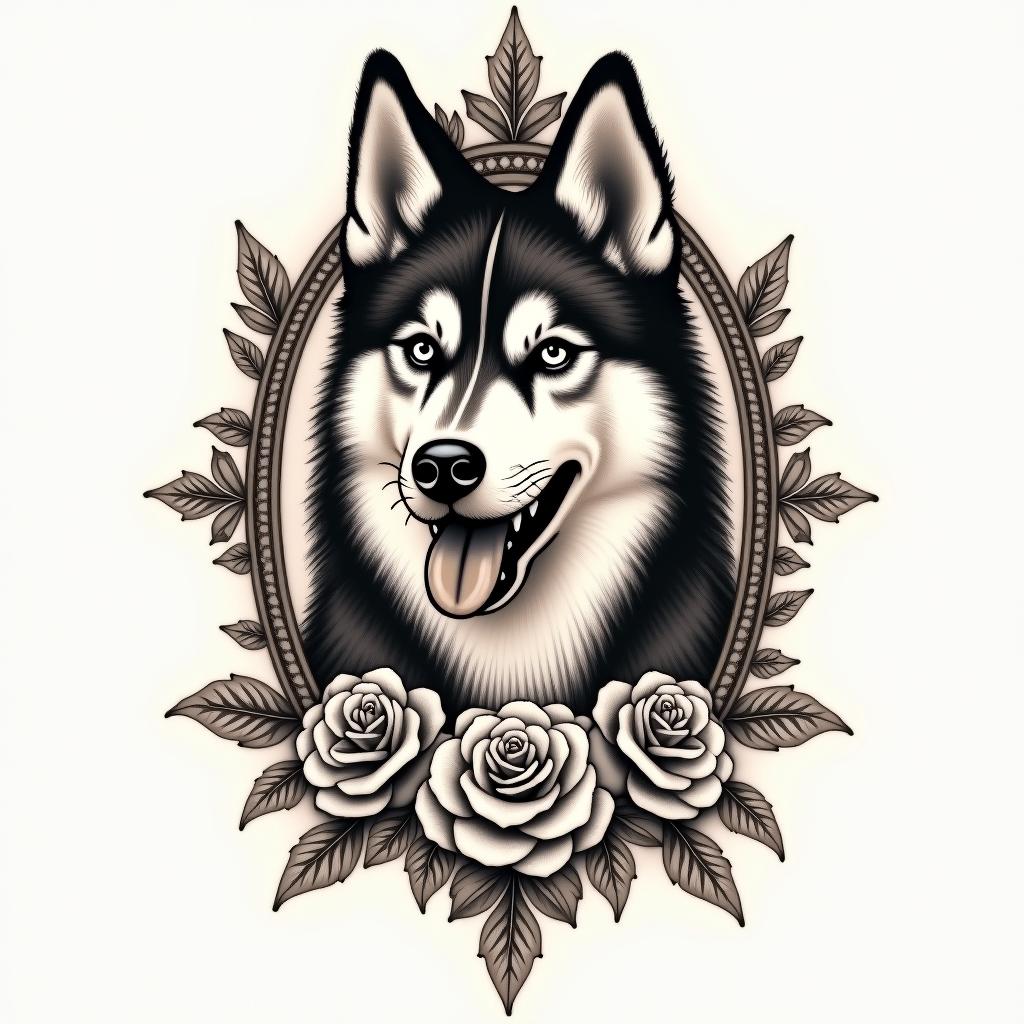 A husky dogin victorian style tattoo, featuring vintage and elegant elements, ornate frames, roses, antique, sepia-toned color scheme - Variation 4