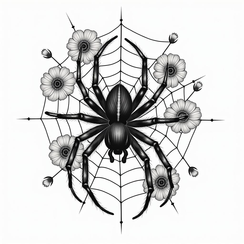 Small spider on web with lots of flowersin japanese style tattoo, detailed tattoo, traditional japanese culture tattoo, mythology, 8k - Variation 88