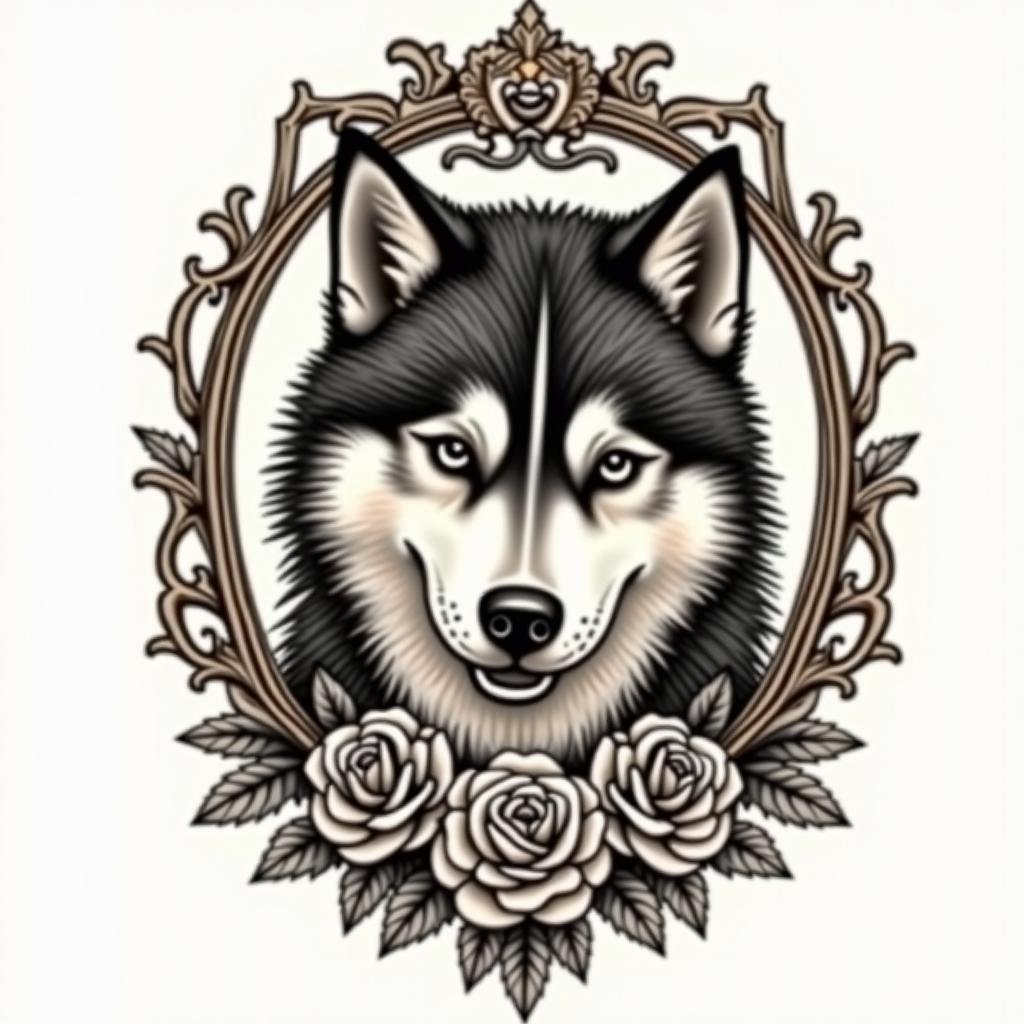 A husky dogin victorian style tattoo, featuring vintage and elegant elements, ornate frames, roses, antique, sepia-toned color scheme - Variation 3