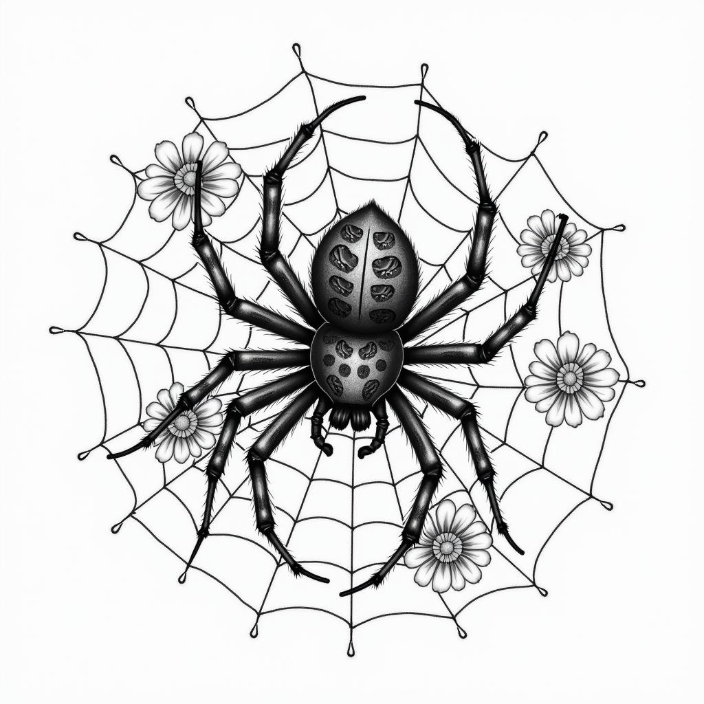Small spider on web with lots of flowersin japanese style tattoo, detailed tattoo, traditional japanese culture tattoo, mythology, 8k - Variation 89