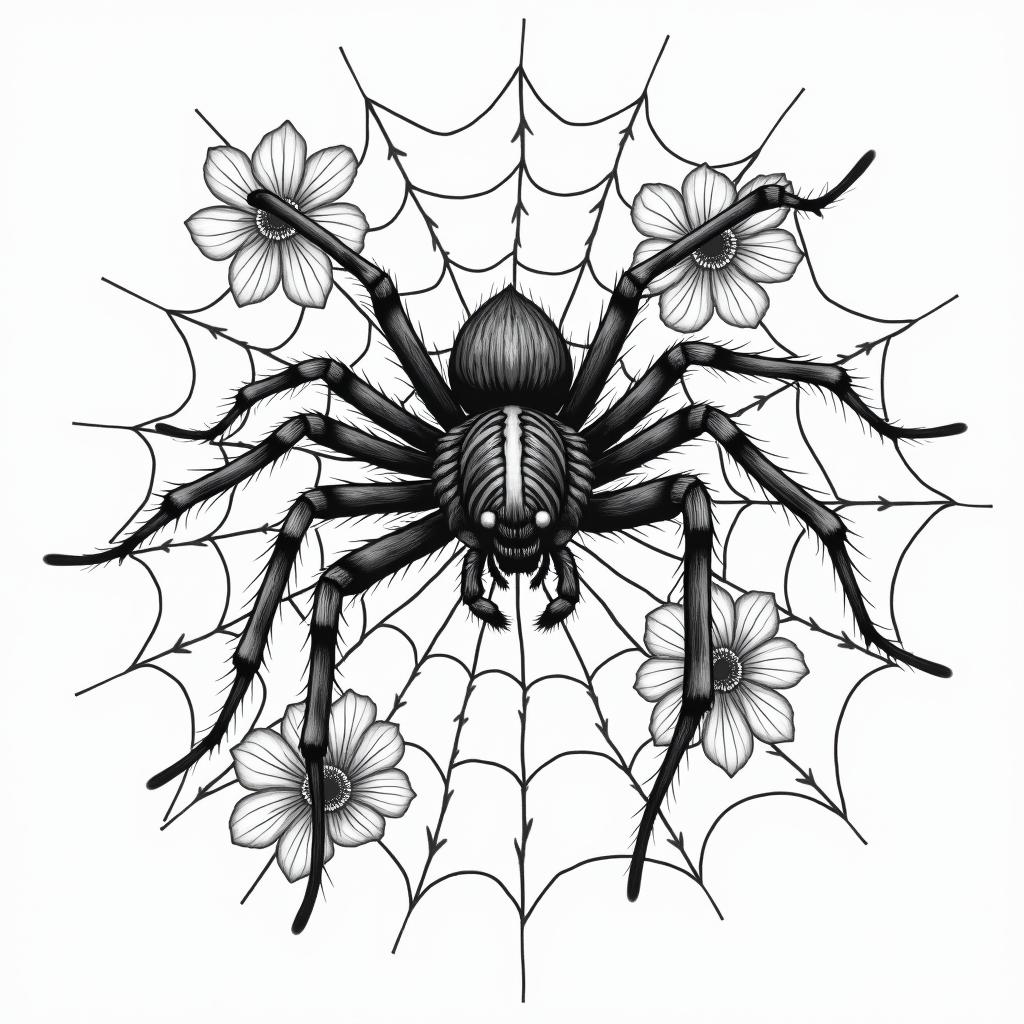 Small spider on web with lots of flowersin japanese style tattoo, detailed tattoo, traditional japanese culture tattoo, mythology, 8k - Variation 90