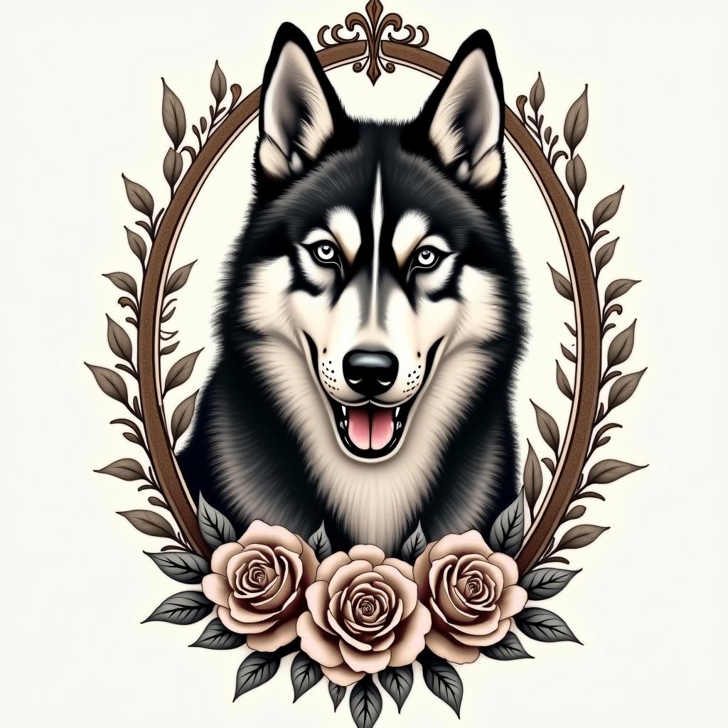 A husky dogin victorian style tattoo, featuring vintage and elegant elements, ornate frames, roses, antique, sepia-toned color scheme
