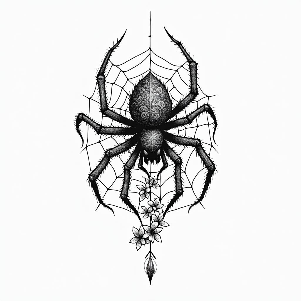 Small spider on web with lots of flowersin japanese style tattoo, detailed tattoo, traditional japanese culture tattoo, mythology, 8k - Variation 87