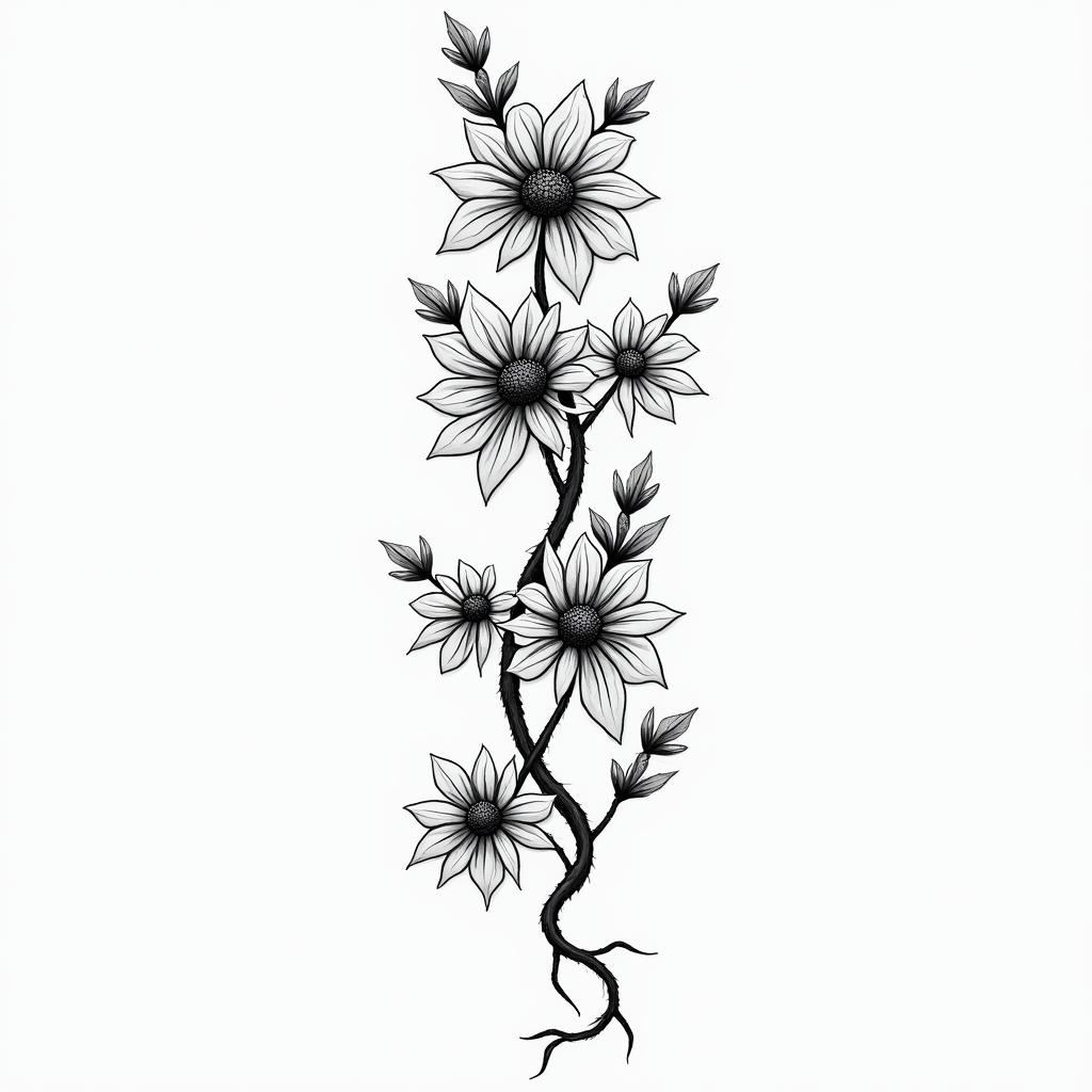 Vines with flowers, very largein 8-bit tattoo style, minimalistic pixel style tattoo, pixel art with simplified shapes and retro gaming visuals, inspired by 8-bit pixel based detailing