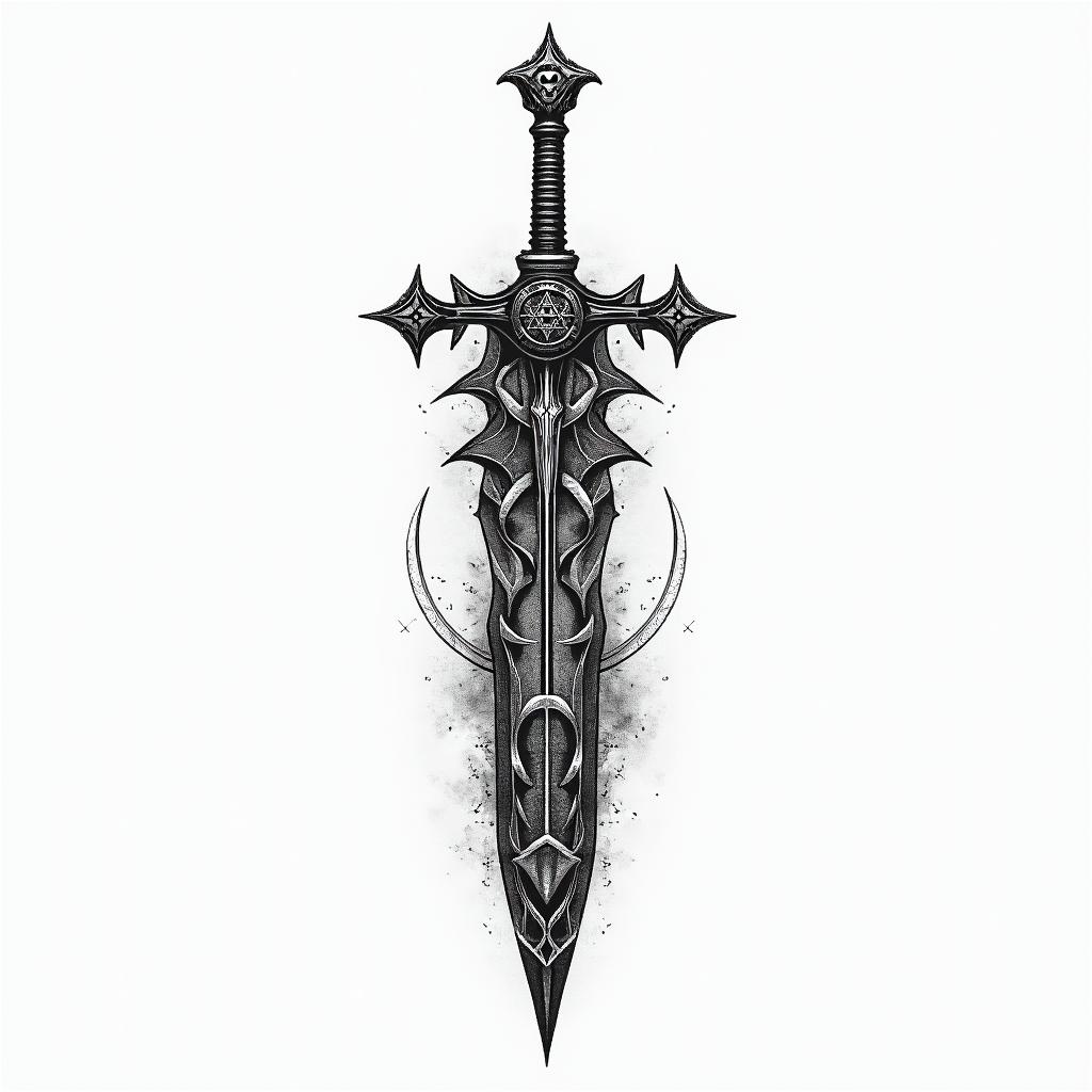 Create a tattoo for me. The following should be included: the logo of Umbrella Corp. from Resident Evil, the sword of Cloud from Final Fantasy 7, the staff of Yuna from Final Fantasy 10, the stigma from Final Fantasy 13, and Luffy's straw hat from One Piece.in paganic style tattoo, featuring ancient symbols, add vegvisir symbol, mystical figures, incorporating designs, pentagrams, runes, crescent moons,