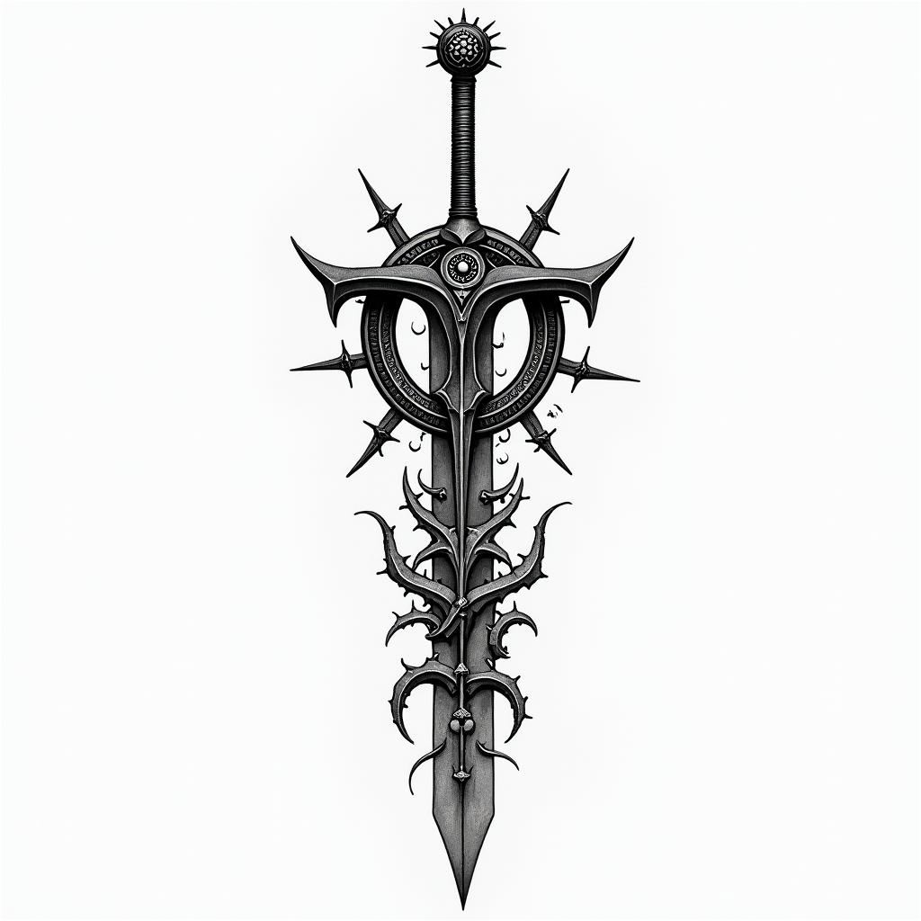 Create a tattoo for me. The following should be included: the logo of Umbrella Corp. from Resident Evil, the sword of Cloud from Final Fantasy 7, the staff of Yuna from Final Fantasy 10, the stigma from Final Fantasy 13, and Luffy's straw hat from One Piece.in paganic style tattoo, featuring ancient symbols, add vegvisir symbol, mystical figures, incorporating designs, pentagrams, runes, crescent moons, - Variation 2