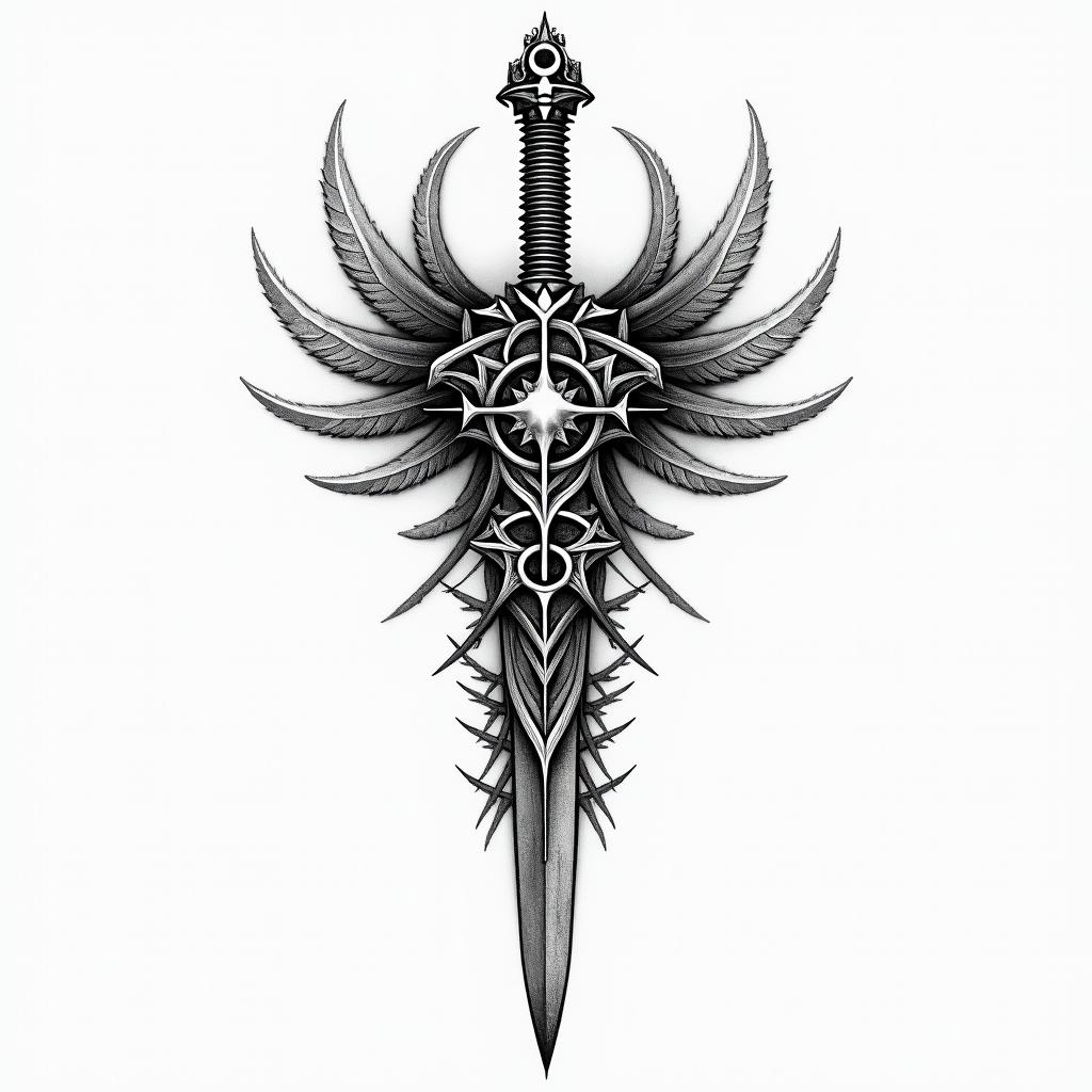 Create a tattoo for me. The following should be included: the logo of Umbrella Corp. from Resident Evil, the sword of Cloud from Final Fantasy 7, the staff of Yuna from Final Fantasy 10, the stigma from Final Fantasy 13, and Luffy's straw hat from One Piece.in paganic style tattoo, featuring ancient symbols, add vegvisir symbol, mystical figures, incorporating designs, pentagrams, runes, crescent moons, - Variation 3