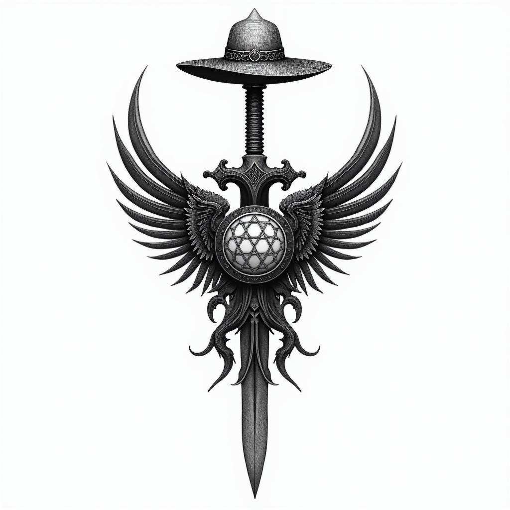 Create a tattoo for me. The following should be included: the logo of Umbrella Corp. from Resident Evil, the sword of Cloud from Final Fantasy 7, the staff of Yuna from Final Fantasy 10, the stigma from Final Fantasy 13, and Luffy's straw hat from One Piece.in paganic style tattoo, featuring ancient symbols, add vegvisir symbol, mystical figures, incorporating designs, pentagrams, runes, crescent moons, - Variation 4