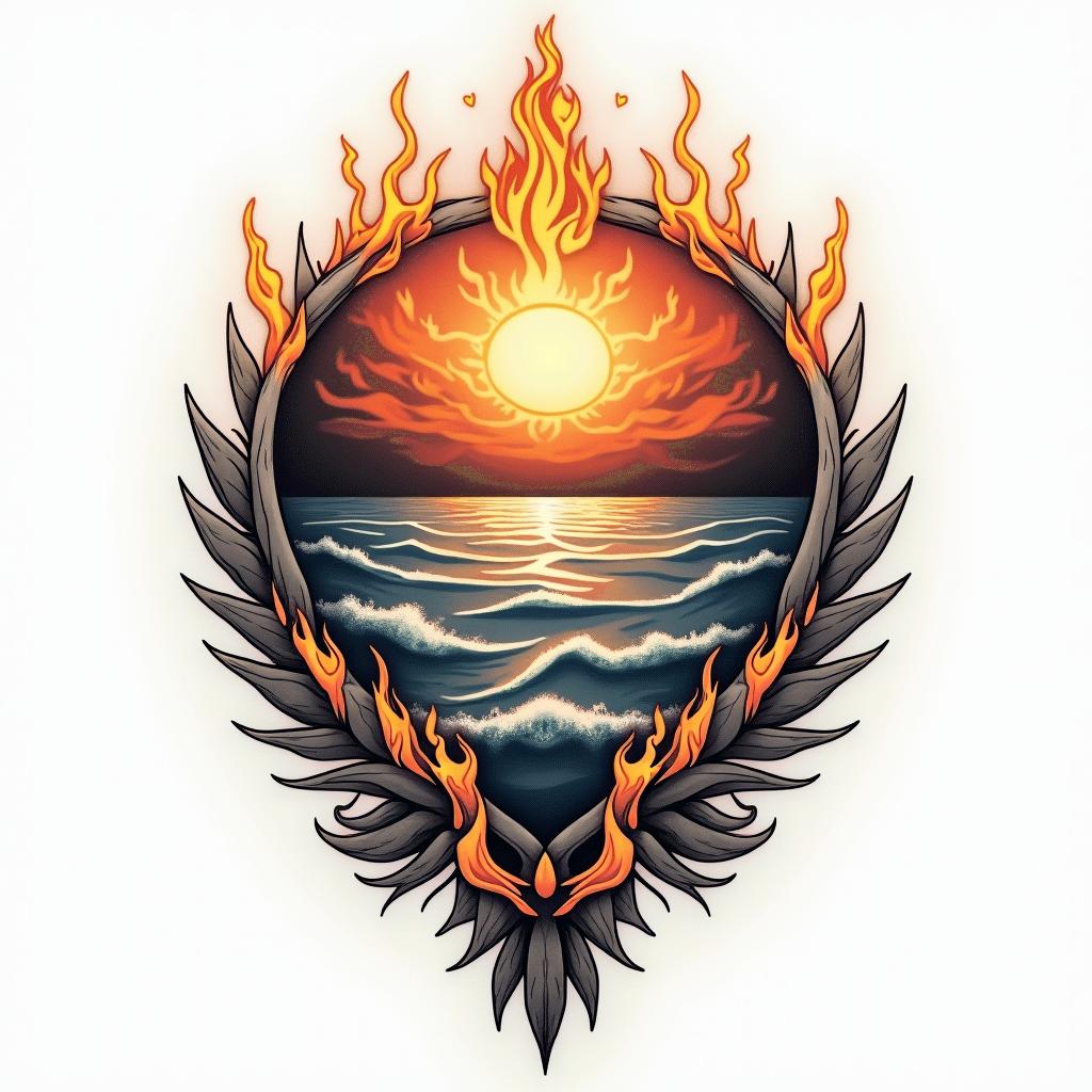 Freedom Love Seain flame tattoo style showcasing fiery elements with dynamic flame patterns, glowing effect of flames, natural colors - Variation 2