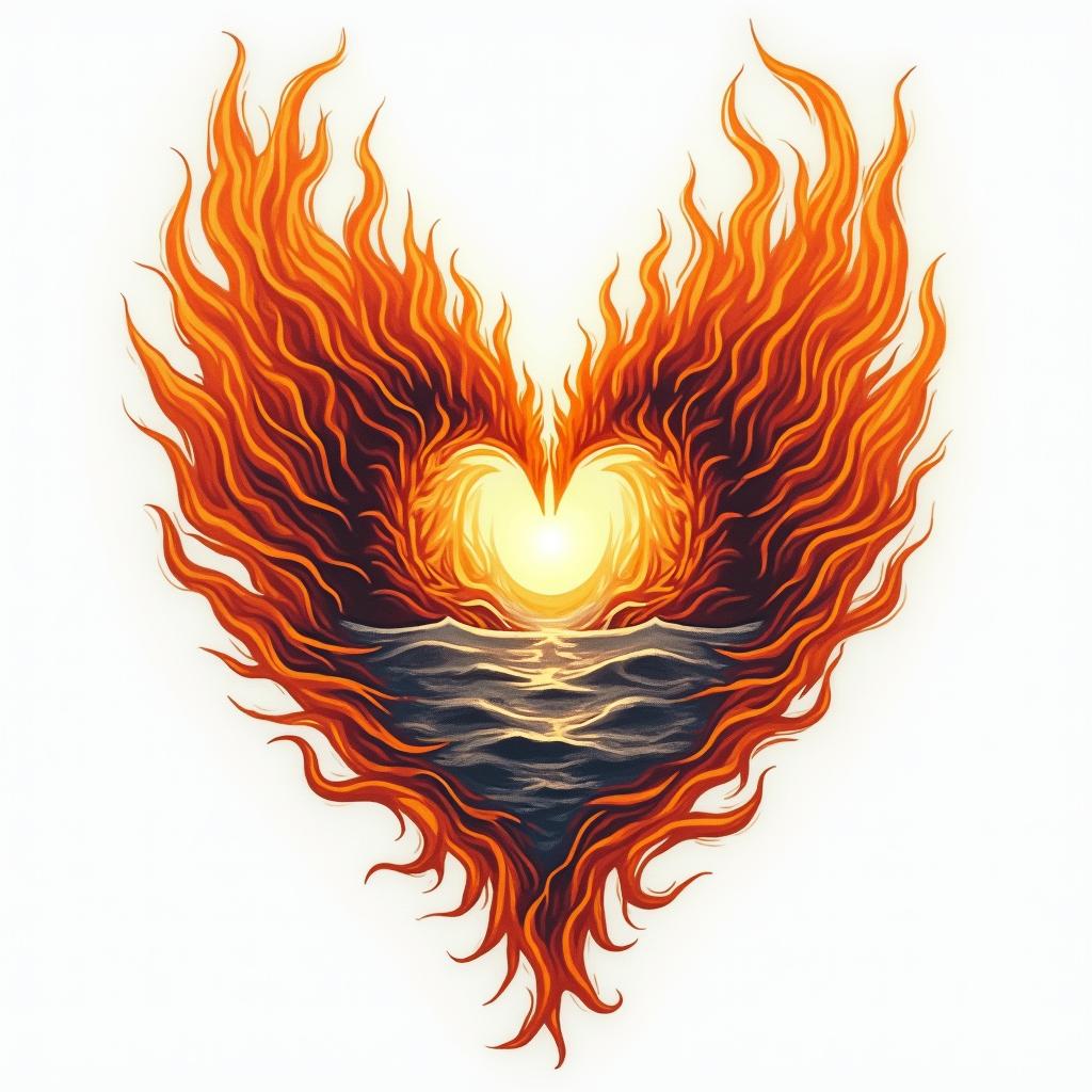 Freedom Love Seain flame tattoo style showcasing fiery elements with dynamic flame patterns, glowing effect of flames, natural colors