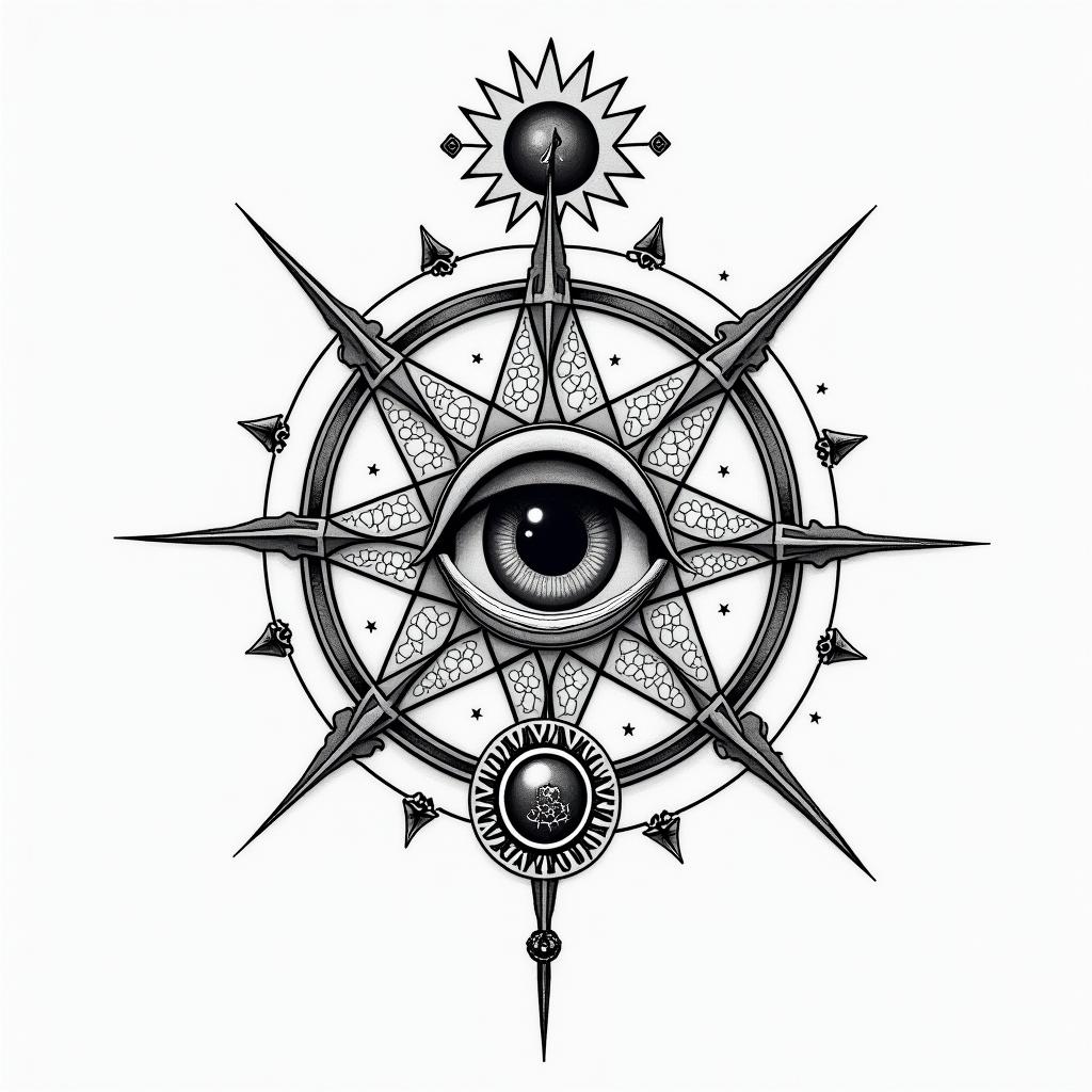 Geometryin prophecy tattoo style, featuring mystical symbols, celestial imagery like stars, moons, suns, geometric patterns, foretelling elements, an eye of wisdom