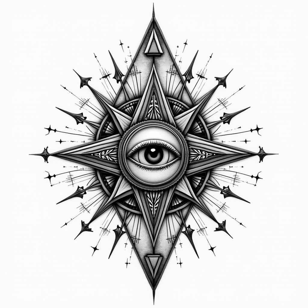 Geometryin prophecy tattoo style, featuring mystical symbols, celestial imagery like stars, moons, suns, geometric patterns, foretelling elements, an eye of wisdom - Variation 2