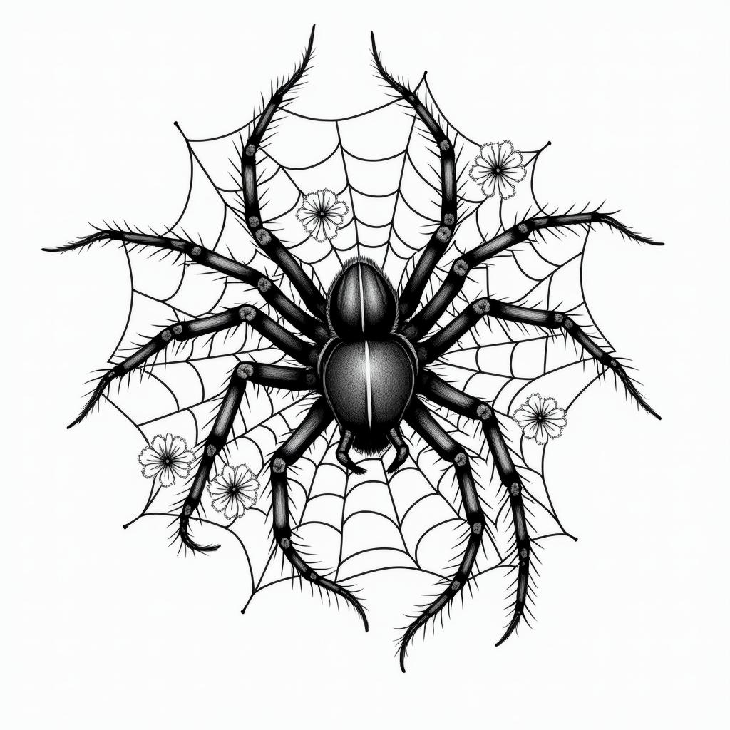Small spider on web with lots of flowersin japanese style tattoo, detailed tattoo, traditional japanese culture tattoo, mythology, 8k - Variation 86