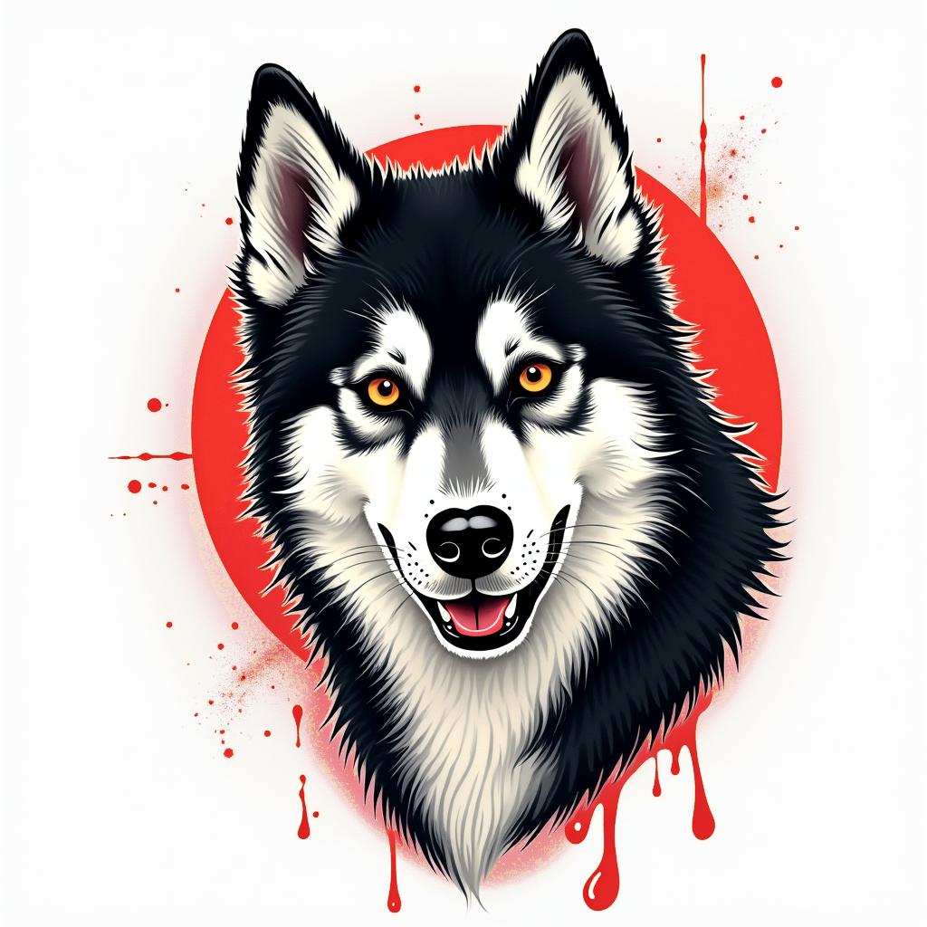 Husky dogin pop art style tattoo, featuring bold and vibrant colors, exaggerated outlines, iconic imagery, inspired by comic books and speech bubbles, comic book characters, retro pop culture - Variation 2