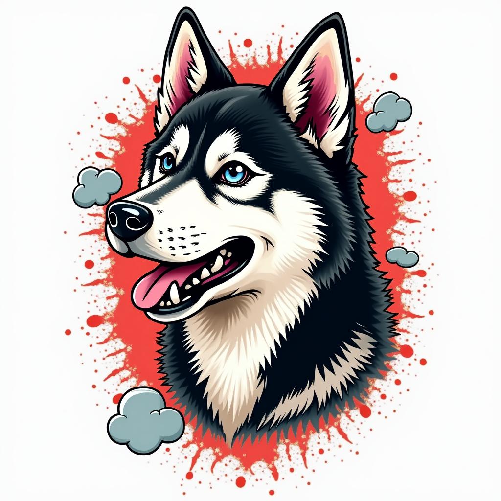 Husky dogin pop art style tattoo, featuring bold and vibrant colors, exaggerated outlines, iconic imagery, inspired by comic books and speech bubbles, comic book characters, retro pop culture - Variation 1