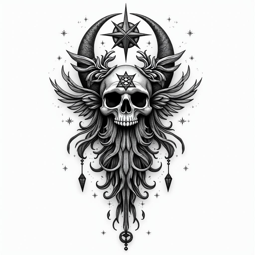 Greek godsin paganic style tattoo, featuring ancient symbols, add vegvisir symbol, mystical figures, incorporating designs, pentagrams, runes, crescent moons, - Variation 3