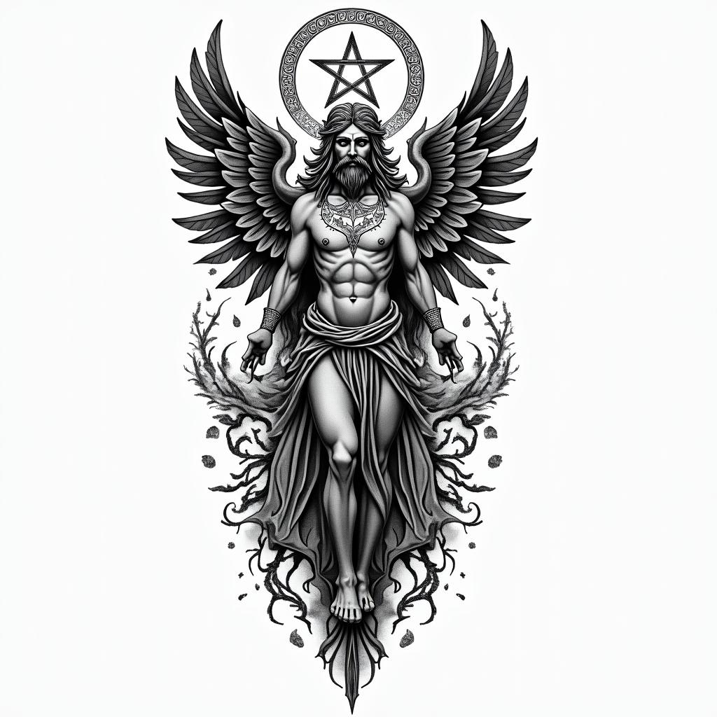 Greek godsin paganic style tattoo, featuring ancient symbols, add vegvisir symbol, mystical figures, incorporating designs, pentagrams, runes, crescent moons, - Variation 4