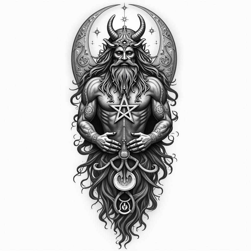 Greek godsin paganic style tattoo, featuring ancient symbols, add vegvisir symbol, mystical figures, incorporating designs, pentagrams, runes, crescent moons,