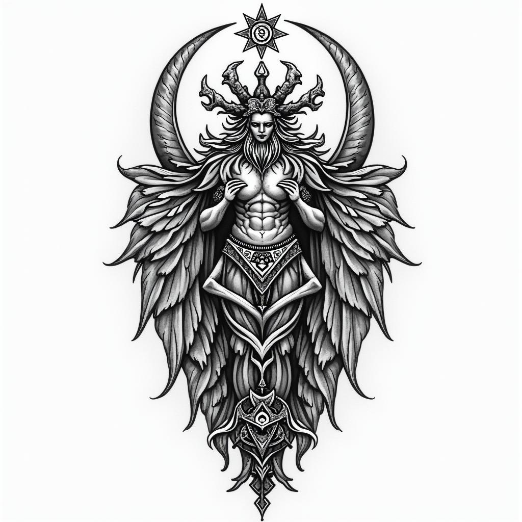 Greek godsin paganic style tattoo, featuring ancient symbols, add vegvisir symbol, mystical figures, incorporating designs, pentagrams, runes, crescent moons, - Variation 2