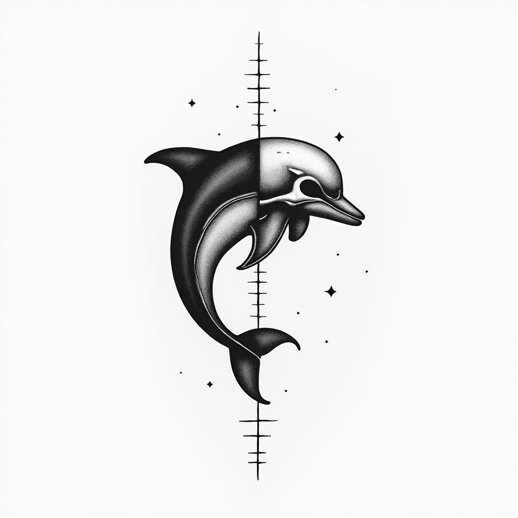 half dolphin half skullin minimalist style tattoo, featuring simple shapes and fine lines, with minimal shading and details, tiny triangles, creating a sense of balance and harmony - Variation 1