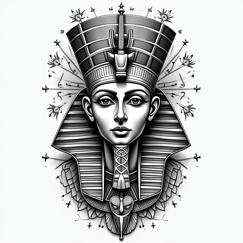 Greek godsin egyptian style tattoo, bold elements of ancient egyptian culture including a portrait of an Egyptian pharaoh with detailed facial features, in hieroglyphs and symbolic imagery, eye of horus, ankh symbol, scarab beetle - Variation 2