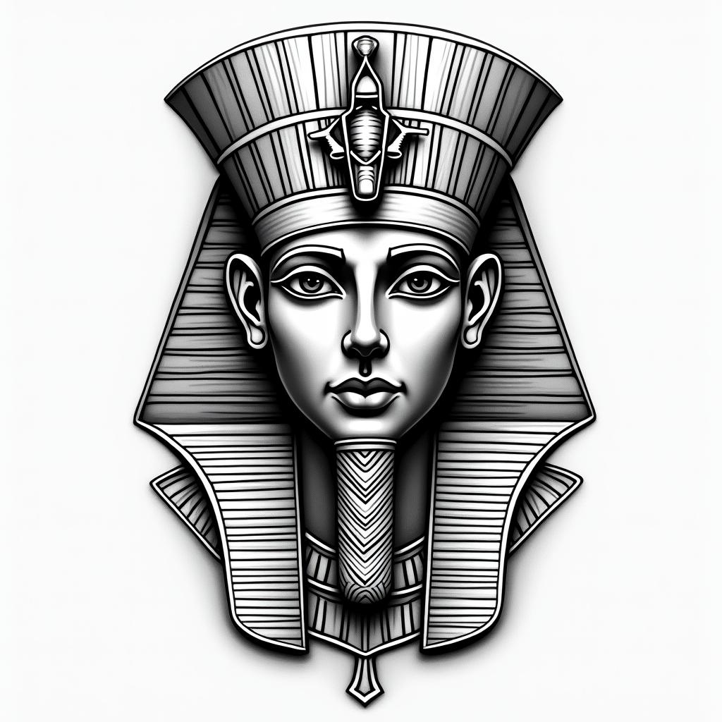 Greek godsin egyptian style tattoo, bold elements of ancient egyptian culture including a portrait of an Egyptian pharaoh with detailed facial features, in hieroglyphs and symbolic imagery, eye of horus, ankh symbol, scarab beetle