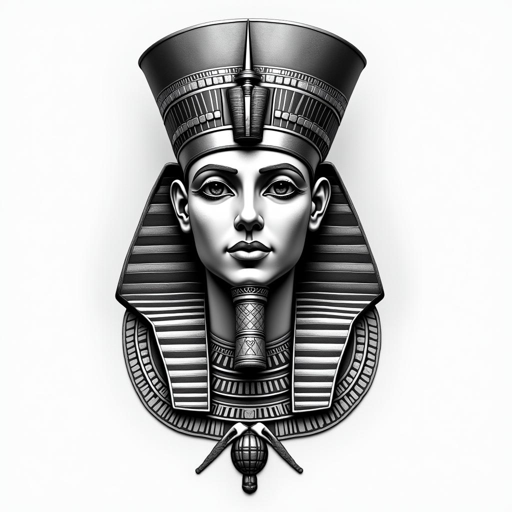 Greek godsin egyptian style tattoo, bold elements of ancient egyptian culture including a portrait of an Egyptian pharaoh with detailed facial features, in hieroglyphs and symbolic imagery, eye of horus, ankh symbol, scarab beetle - Variation 3