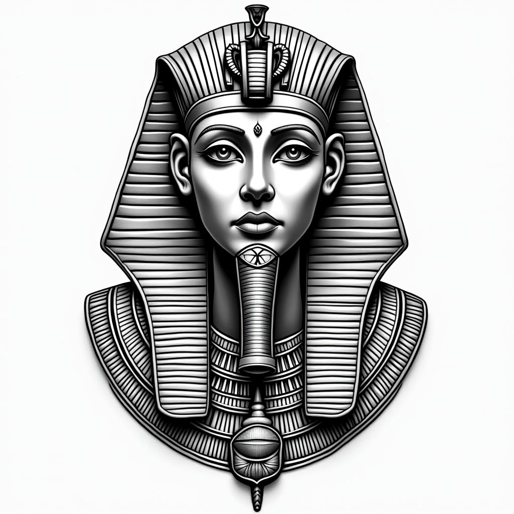 Greek godsin egyptian style tattoo, bold elements of ancient egyptian culture including a portrait of an Egyptian pharaoh with detailed facial features, in hieroglyphs and symbolic imagery, eye of horus, ankh symbol, scarab beetle - Variation 4