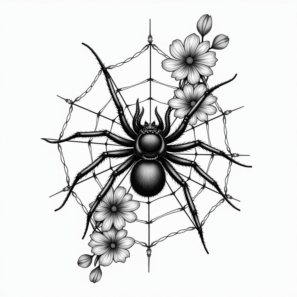 Small spider on web with lots of flowersin japanese style tattoo, detailed tattoo, traditional japanese culture tattoo, mythology, 8k - Variation 75