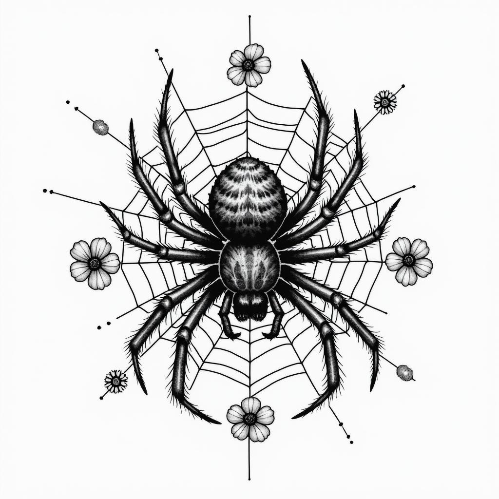 Small spider on web with lots of flowersin japanese style tattoo, detailed tattoo, traditional japanese culture tattoo, mythology, 8k - Variation 77
