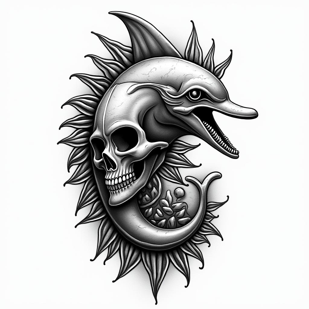 half dolphin half skullin egyptian style tattoo, bold elements of ancient egyptian culture including a portrait of an Egyptian pharaoh with detailed facial features, in hieroglyphs and symbolic imagery, eye of horus, ankh symbol, scarab beetle - Variation 3