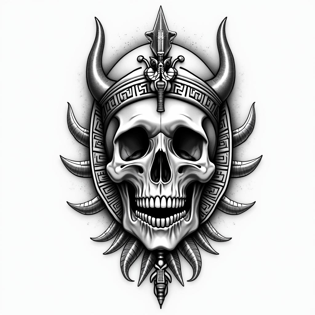 half dolphin half skullin egyptian style tattoo, bold elements of ancient egyptian culture including a portrait of an Egyptian pharaoh with detailed facial features, in hieroglyphs and symbolic imagery, eye of horus, ankh symbol, scarab beetle - Variation 2