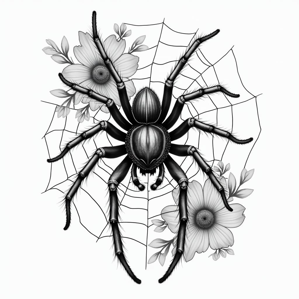 Small spider on web with lots of flowersin japanese style tattoo, detailed tattoo, traditional japanese culture tattoo, mythology, 8k - Variation 72