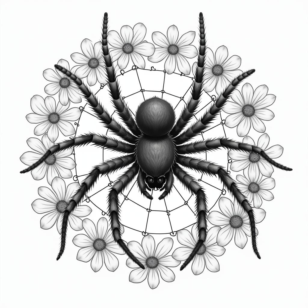 Small spider on web with lots of flowersin japanese style tattoo, detailed tattoo, traditional japanese culture tattoo, mythology, 8k - Variation 74