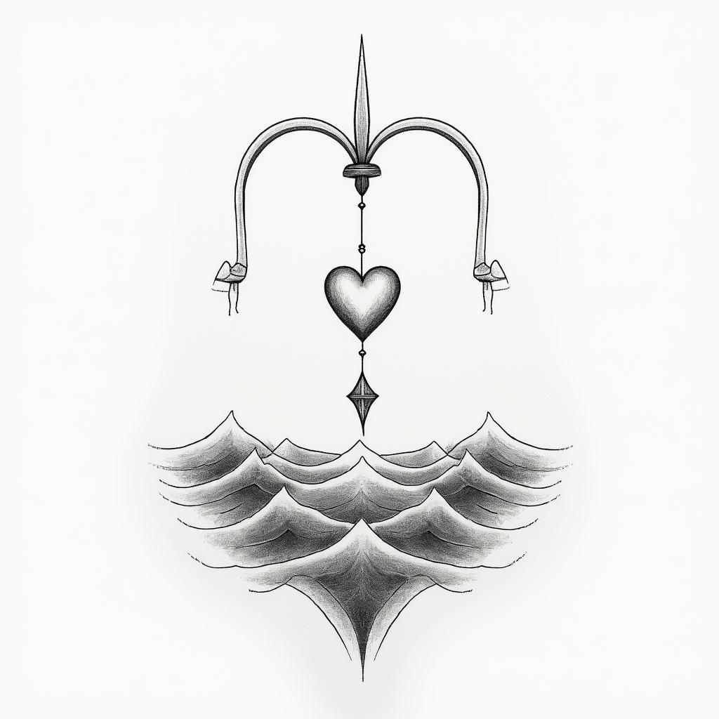 Aston, Gemini, Bournemouthin Modest style tattoo, featuring soft, delicate line work with simple and meaningful symbols, gentle waves, a heart, evoking a sense of serenity and grace, - Variation 2