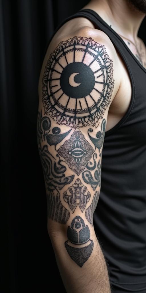 Sun and moon intertwined, glowingin paganic style tattoo, featuring ancient symbols, add vegvisir symbol, mystical figures, incorporating designs, pentagrams, runes, crescent moons, - Variation 5