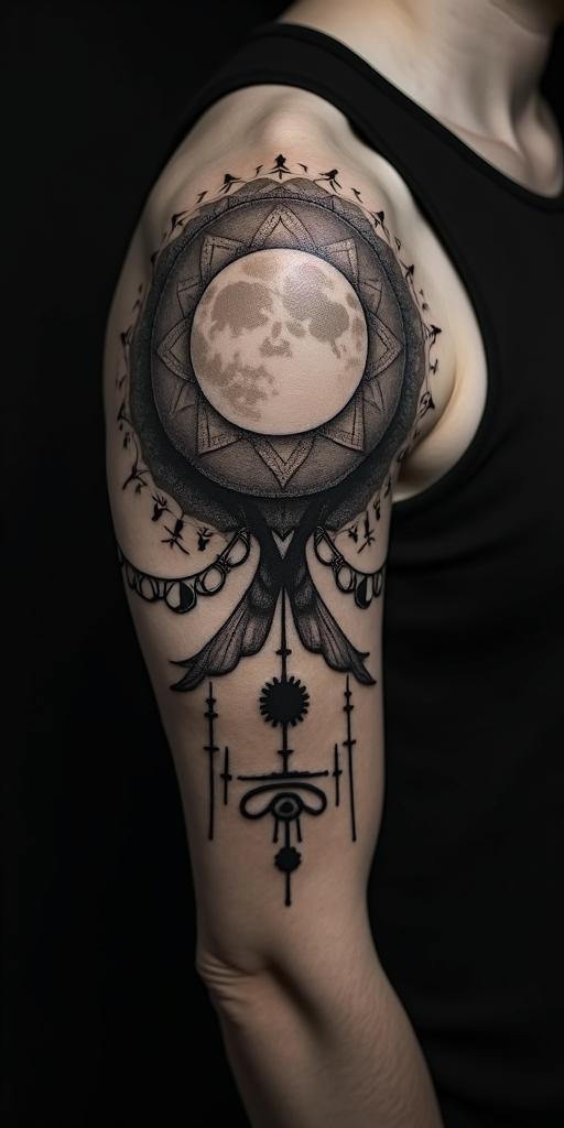 Sun and moon intertwined, glowingin paganic style tattoo, featuring ancient symbols, add vegvisir symbol, mystical figures, incorporating designs, pentagrams, runes, crescent moons, - Variation 2