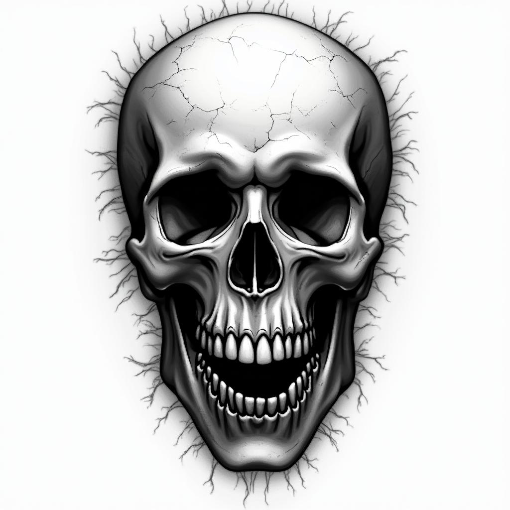Skull in horror tattoo style, showcasing haunting and unsettling, dark and gritty textures with skulls, eerie faces, jgged designs, bold and intense shading - Variation 3