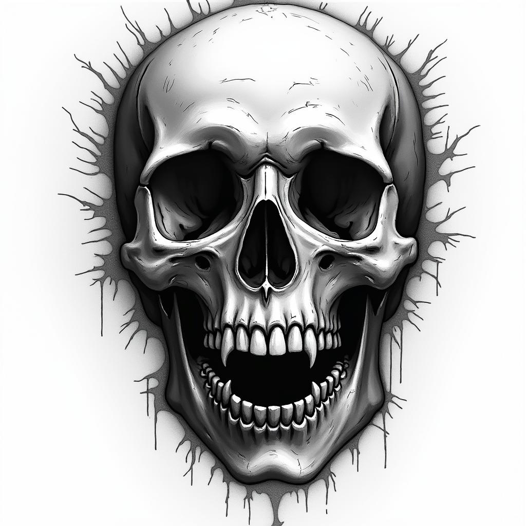 Skull in horror tattoo style, showcasing haunting and unsettling, dark and gritty textures with skulls, eerie faces, jgged designs, bold and intense shading - Variation 4