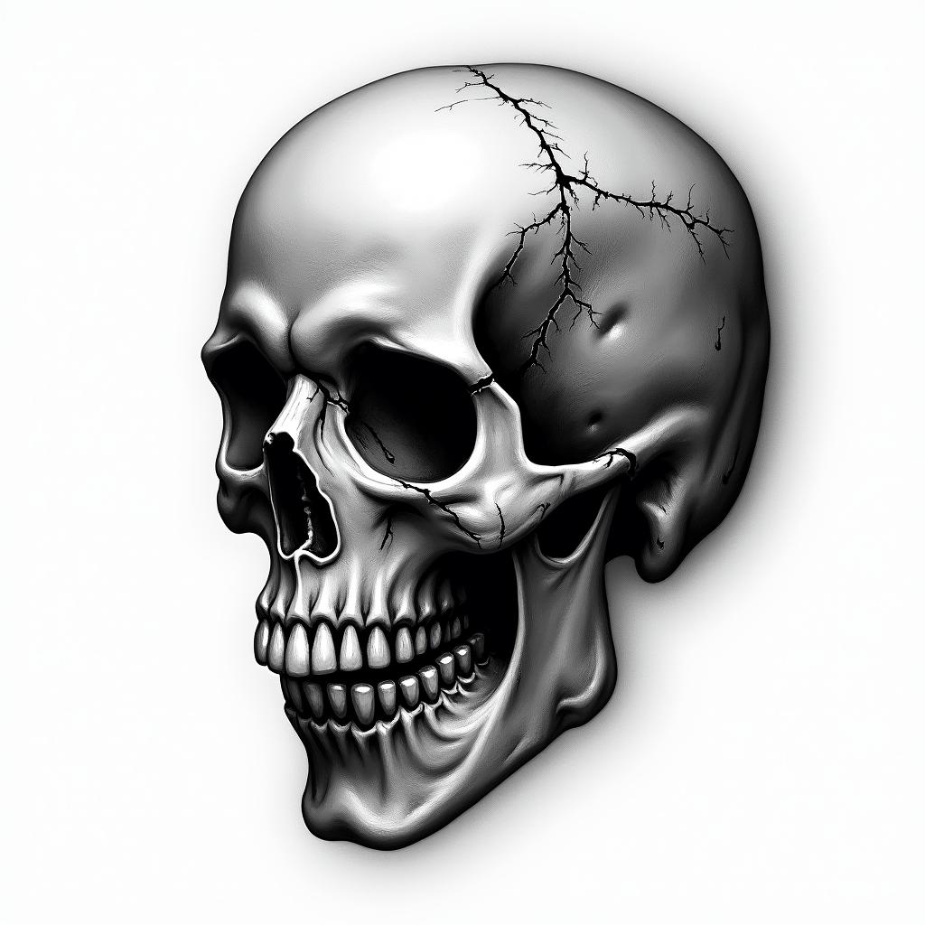 Skull in horror tattoo style, showcasing haunting and unsettling, dark and gritty textures with skulls, eerie faces, jgged designs, bold and intense shading