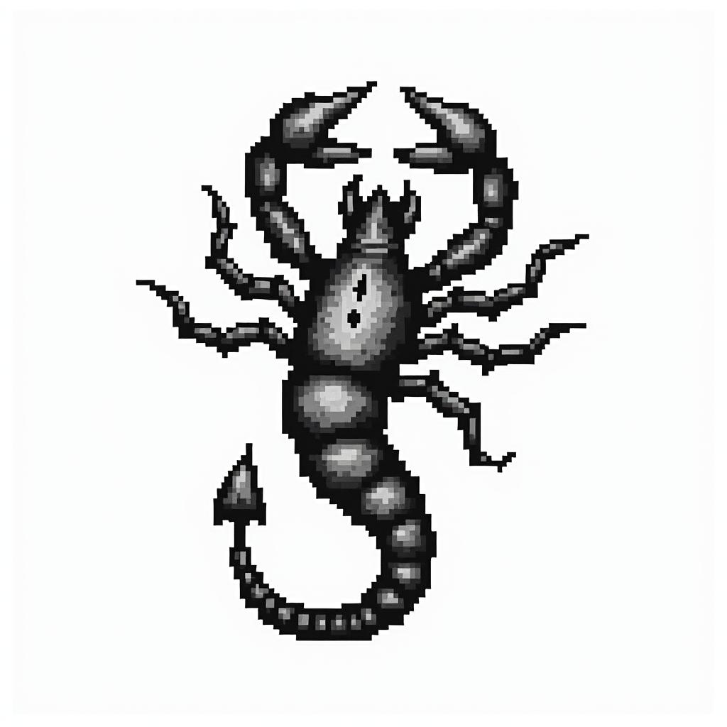 Scorpio with a broken heartin 8-bit tattoo style, minimalistic pixel style tattoo, pixel art with simplified shapes and retro gaming visuals, inspired by 8-bit pixel based detailing - Variation 2