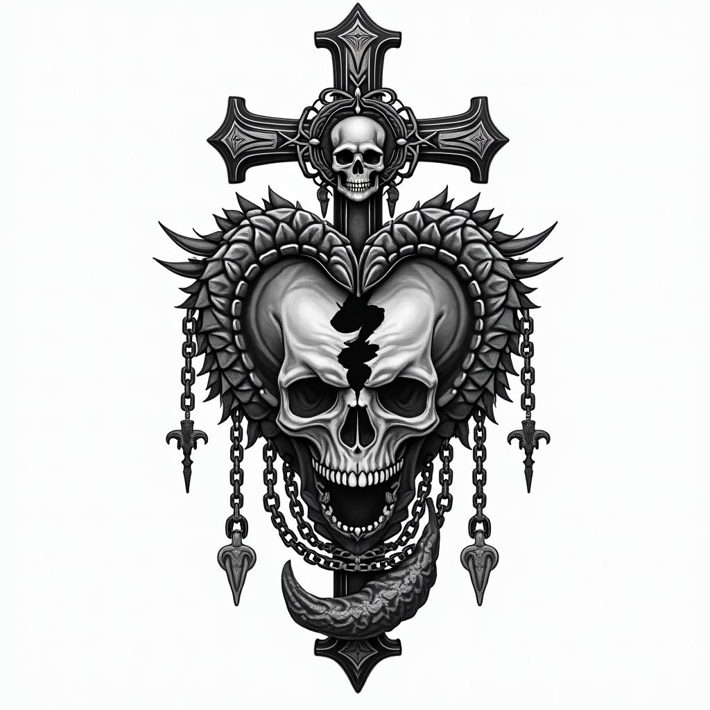 Scorpio with a broken heartin chicano style tattoo, featuring intricate black and grey shading, bold elements of traditional chicano culture symbols, add a big cross with skull, chains and roses - Variation 3