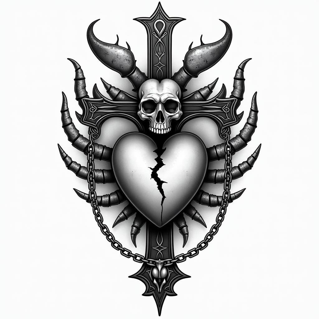 Scorpio with a broken heartin chicano style tattoo, featuring intricate black and grey shading, bold elements of traditional chicano culture symbols, add a big cross with skull, chains and roses