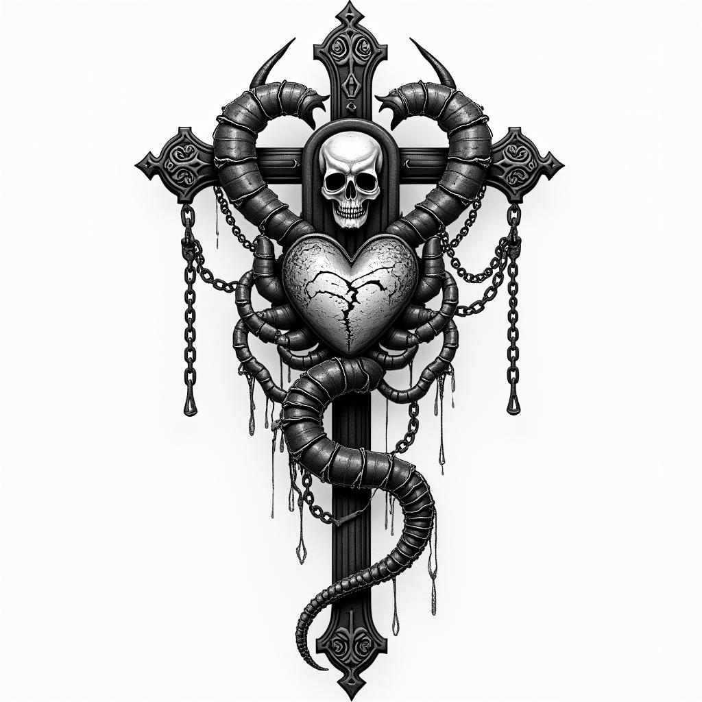 Scorpio with a broken heartin chicano style tattoo, featuring intricate black and grey shading, bold elements of traditional chicano culture symbols, add a big cross with skull, chains and roses - Variation 4