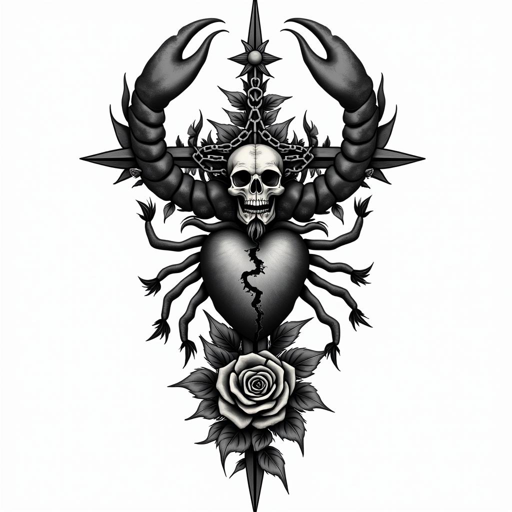 Scorpio with a broken heartin chicano style tattoo, featuring intricate black and grey shading, bold elements of traditional chicano culture symbols, add a big cross with skull, chains and roses - Variation 2