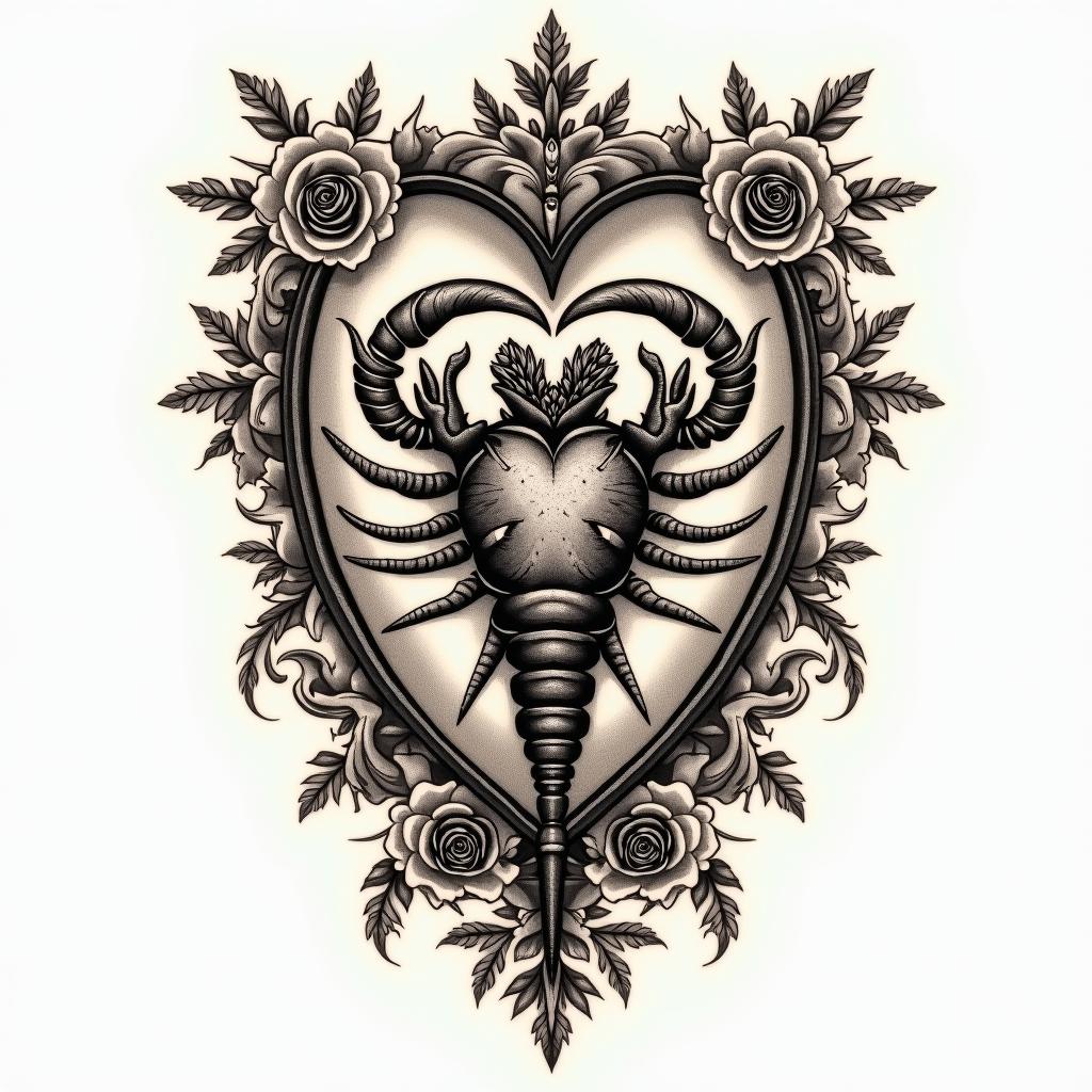 Scorpio with a broken heartin victorian style tattoo, featuring vintage and elegant elements, ornate frames, roses, antique, sepia-toned color scheme - Variation 3