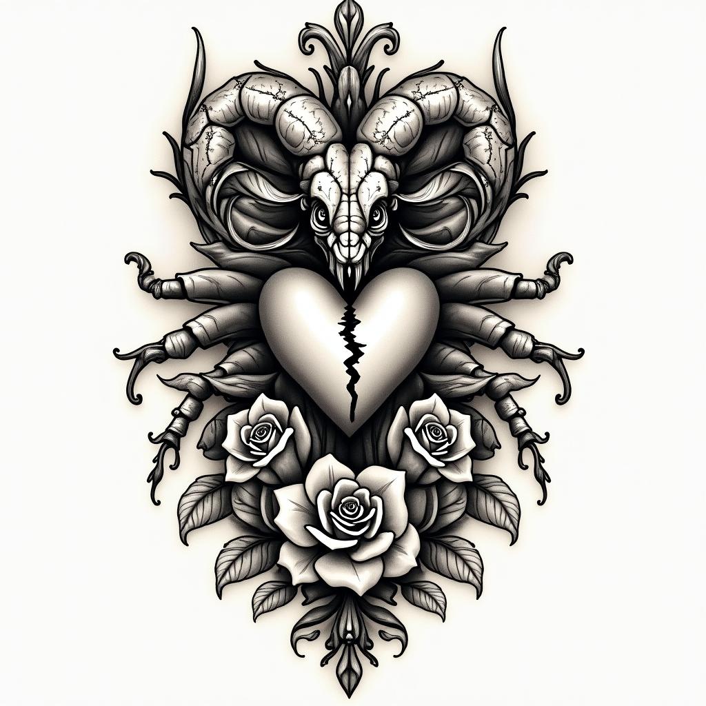 Scorpio with a broken heartin victorian style tattoo, featuring vintage and elegant elements, ornate frames, roses, antique, sepia-toned color scheme - Variation 4